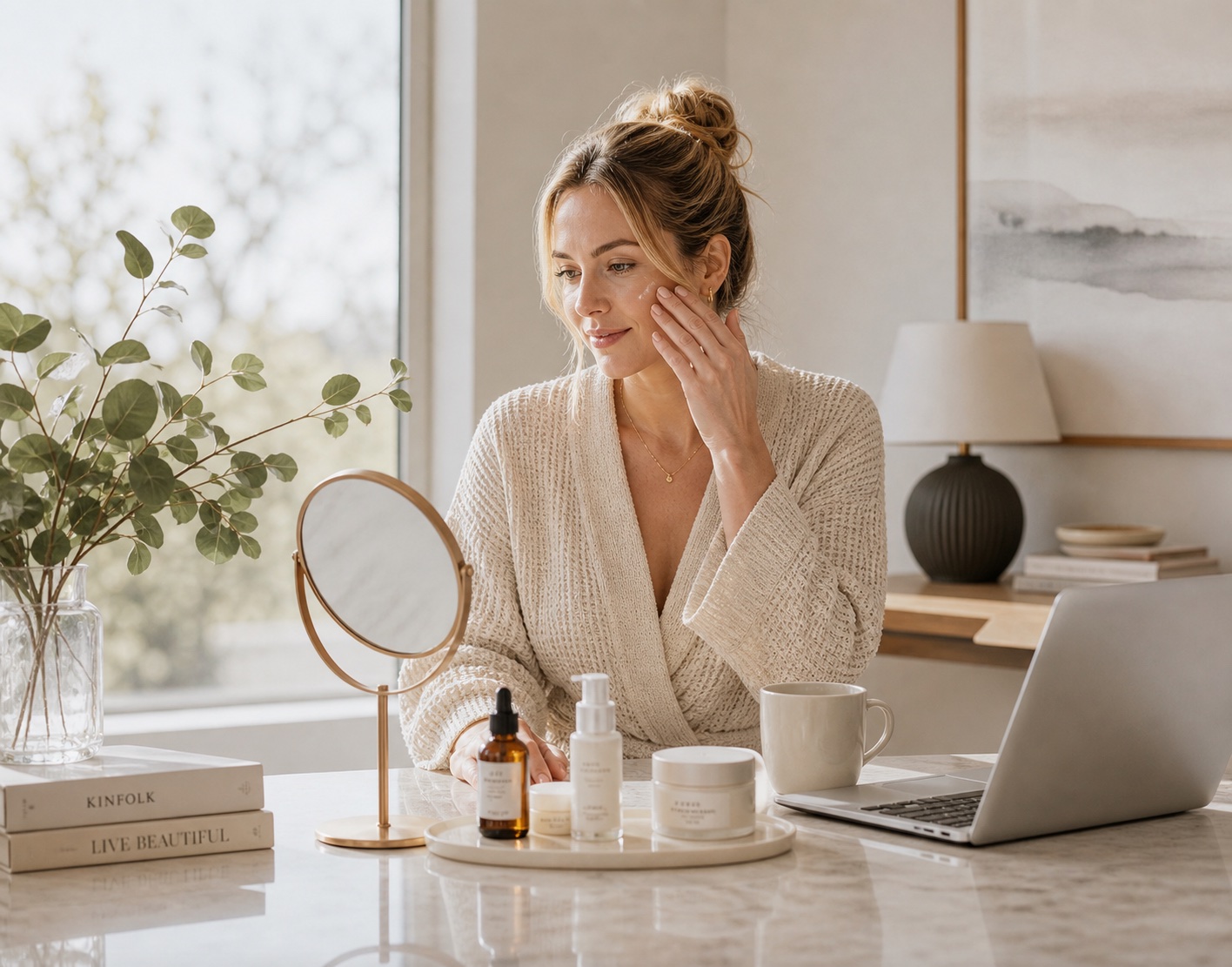 Suburban beauty consumer applying skincare at her vanity